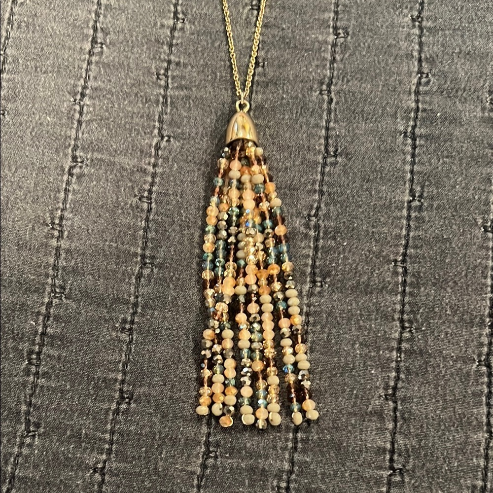 Elegant Gold Beaded Tassel Necklace - Picture 2 of 3